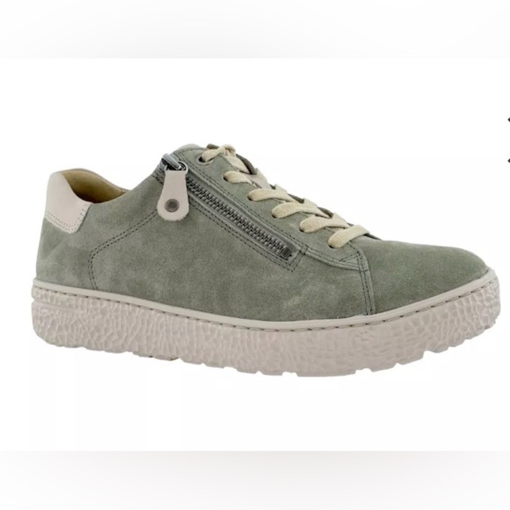 Hartjes sage green suede & leather Phil sneaker. Zipper and tie upper. Size 11